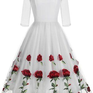 Mesh Floral Embroidered Dress Women Summer Tulle Prom Evening Homecoming